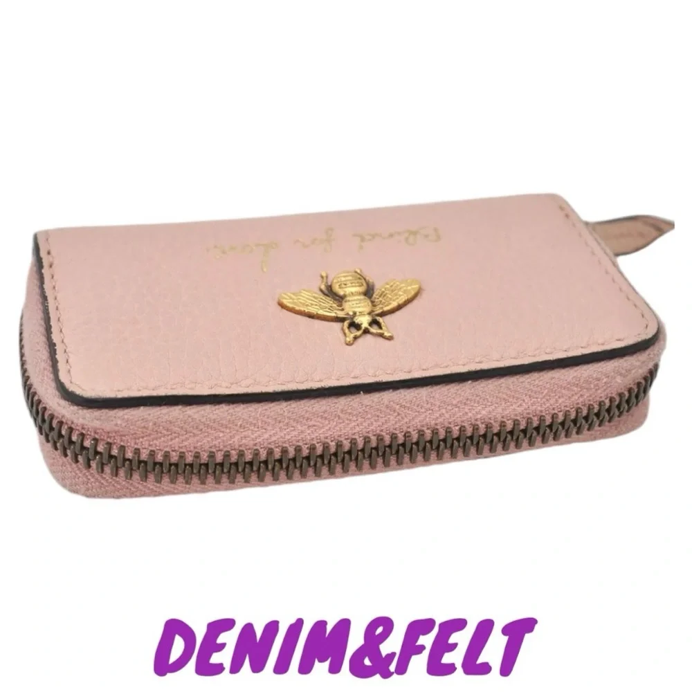 🐝GUCCI Pink Cellarius Calfskin Blind For Love Animalier‎ Zip  Key Case/Pouch